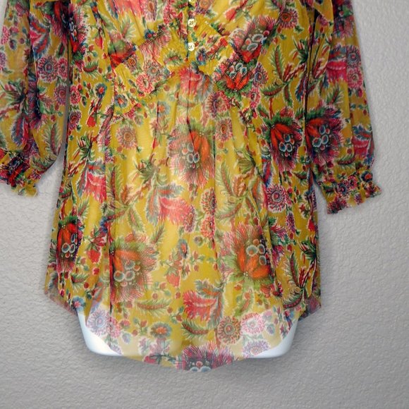 Anthropologie Gretchen V Neck Smocked Mesh Top Yellow Sheer Floral Blouse XS New - Picture 4 of 11